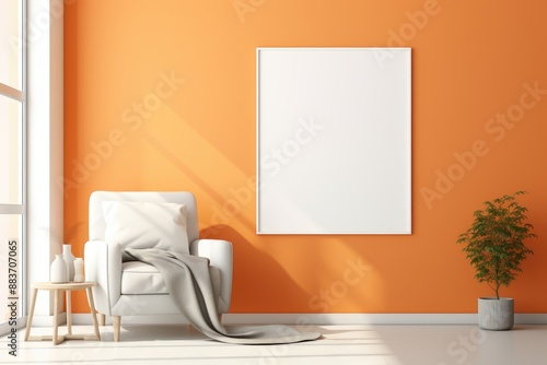 Empty White Picture Frame Hanging on Building Wall Background. Living Room with White Chair, Potted Plant, Sofa, and Pillows. Picture Frame Mockup with Vibrant Decor and Cozy Atmosphere