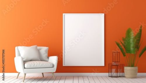Empty White Picture Frame Hanging on Building Wall Background. Living Room with White Chair, Potted Plant, Sofa, and Pillows. Picture Frame Mockup with Vibrant Decor and Cozy Atmosphere
