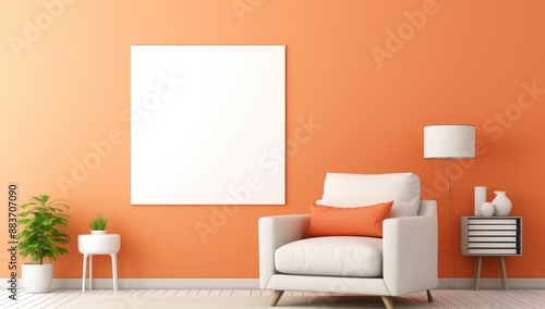 Empty White Picture Frame Hanging on Building Wall Background. Living Room with White Chair, Potted Plant, Sofa, and Pillows. Picture Frame Mockup with Vibrant Decor and Cozy Atmosphere