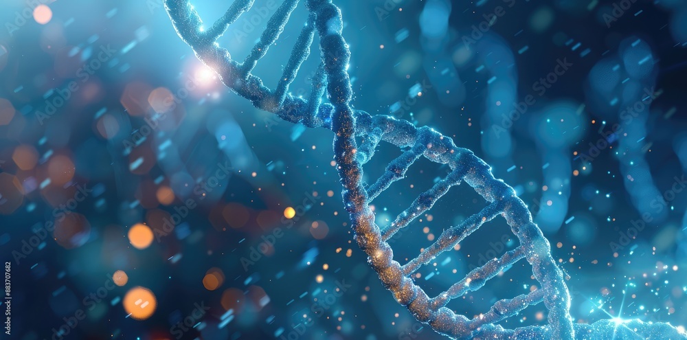 Abstract Spiral of Double Helix DNA Structure on Blue Light Bokeh Background. Futuristic DNA Molecular Biology and Biotechnology Abstract Spiral of Double Helix DNA Structure on Blue Light Bokeh Background. Futuristic DNA Molecular Biology and Biotechnology