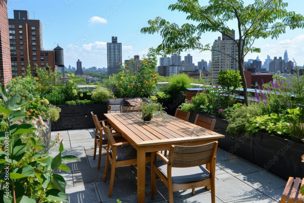 Obraz premium Rooftop Terrace with City View and Wooden Dining Set