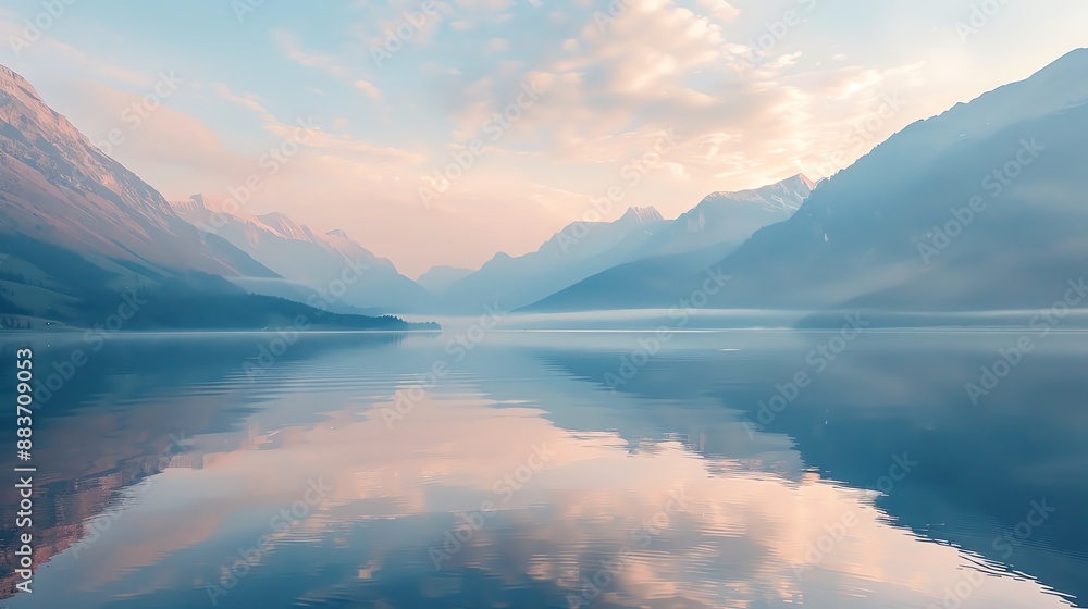 A calm lake with a mountain range in the distance and a sunrise in the sky. A calm lake with a mountain range in the distance and a sunrise in the sky.