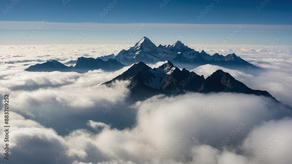 Majestic peaks rising above the clouds, creating a breathtaking and serene natural landscape Majestic peaks rising above the clouds, creating a breathtaking and serene natural landscape