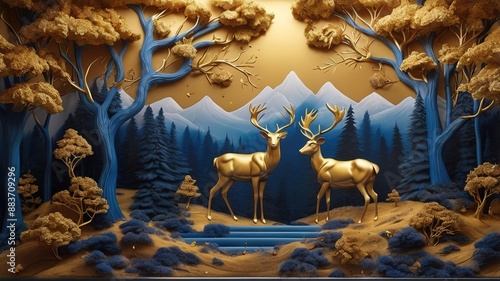 Fototapeta Naklejka Na Ścianę i Meble -  3D wall art decor in Dark blue and Golden interior painting trees forest and mountain HD