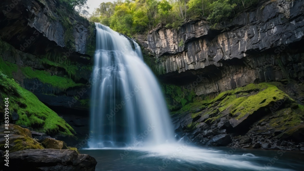 Obraz premium Majestic waterfall cascading down a rocky cliff, creating a powerful and serene scene