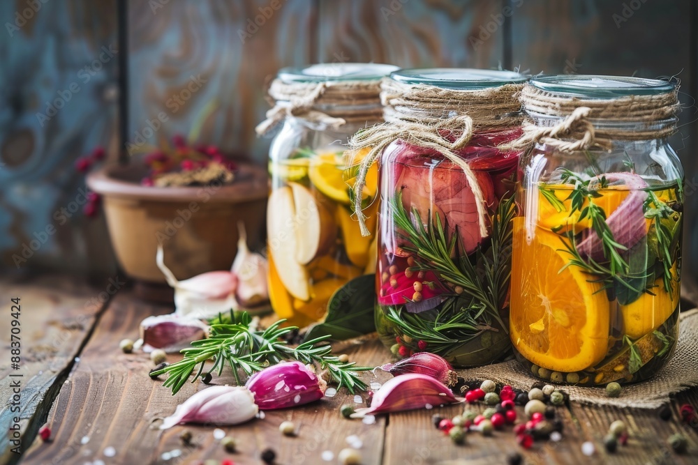 Homemade Infused Oils with Herbs, Fruits, and Spices in Glass Jars Homemade Infused Oils with Herbs, Fruits, and Spices in Glass Jars