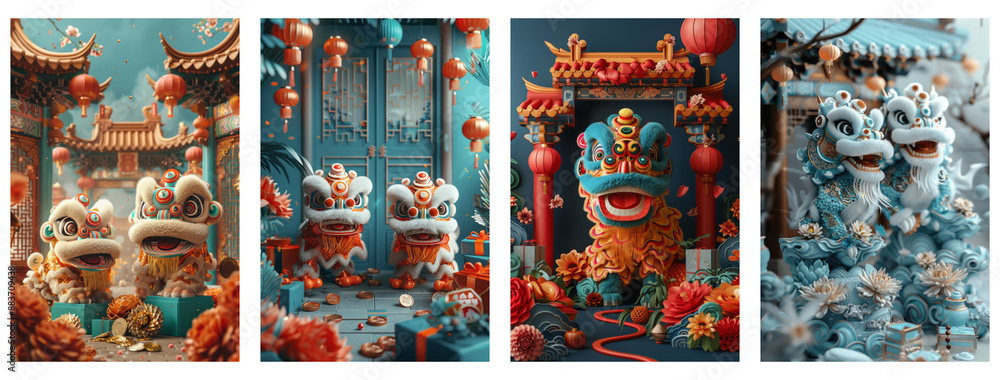 Vibrant Lion Dance Celebration Four-Image Collage with Colorful Lanterns, Lions, and Blossoming Chrysanthemums Vibrant Lion Dance Celebration Four-Image Collage with Colorful Lanterns, Lions, and Blossoming Chrysanthemums