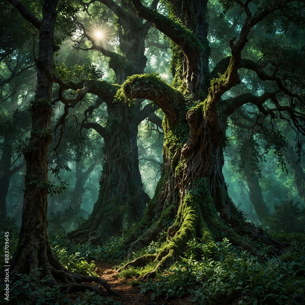 Among the ancient elf forest stands a majestic elder tree, towering above the canopies with gnarled branches spreading like intricate lacework