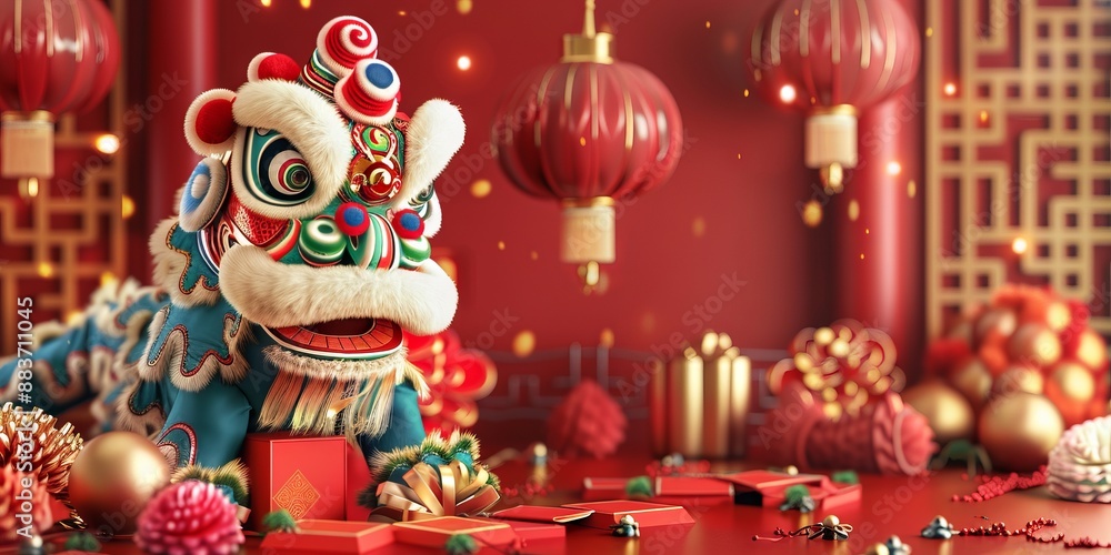 Fototapeta premium Vibrant Lunar New Year Celebration with Traditional Lion Dance