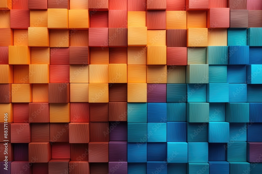 Colorful Wooden Blocks Cubes Abstract Gradient Background. 3D Textured Wood Wall Banner Illustration Wallpaper Colorful Wooden Blocks Cubes Abstract Gradient Background. 3D Textured Wood Wall Banner Illustration Wallpaper
