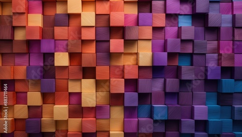 Colorful Wooden Blocks Cubes Abstract Gradient Background. 3D Textured Wood Wall Banner Illustration Wallpaper