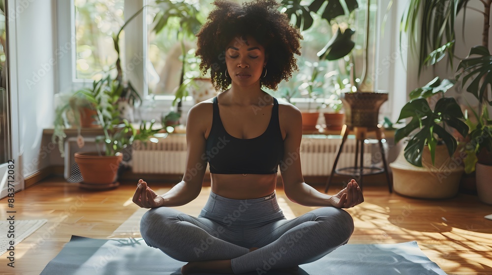 Adult woman practising yoga at home. Adult woman practising yoga at home.