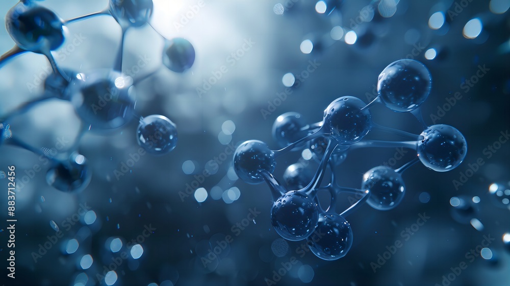 3d rendering of the chemical structure with molecules on blue background, macro view, close-up. 3d rendering of the chemical structure with molecules on blue background, macro view, close-up.