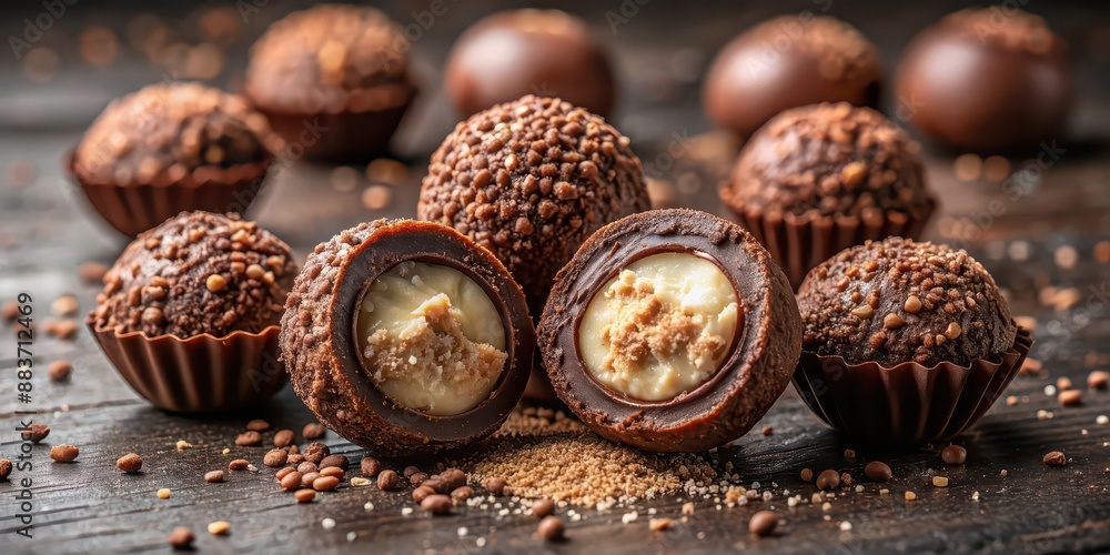 Chocolate balls and halves filled with crispy goodness, chocolate, balls, halves, filled, crispy, delicious, sweet Chocolate balls and halves filled with crispy goodness, chocolate, balls, halves, filled, crispy, delicious, sweet