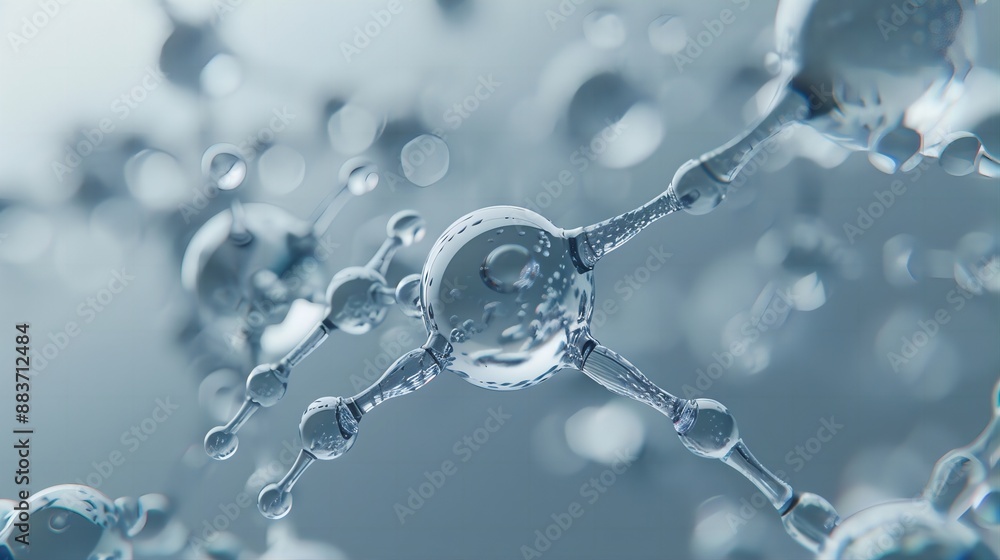 3d rendering of the chemical structure with molecules on blue background, macro view, close-up. 3d rendering of the chemical structure with molecules on blue background, macro view, close-up.