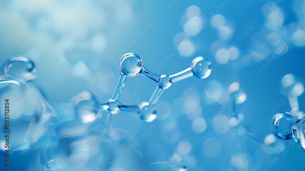 3d rendering of the chemical structure with molecules on blue background, macro view, close-up. 3d rendering of the chemical structure with molecules on blue background, macro view, close-up.