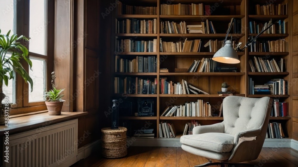 Quiet reading nook with a comfortable chair and a stacked bookshelf perfect for relaxation Quiet reading nook with a comfortable chair and a stacked bookshelf perfect for relaxation