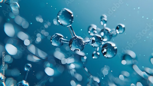3d rendering of the chemical structure with molecules on blue background, macro view, close-up. 