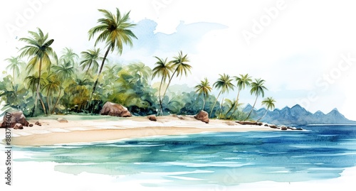 Holiday summer travel vacation illustration - Watercolor painting of palms, palm tree on teh beach with ocean sea, design for logo or t shirt, isolated on white background © YONG
