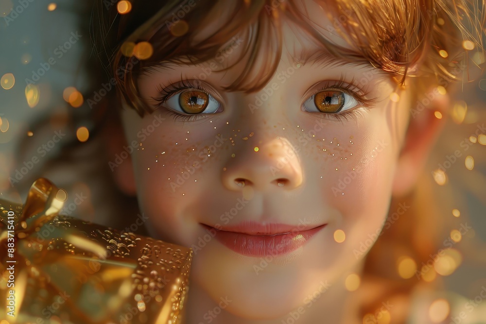Child's face beaming with delight upon receiving a gift. Child's face beaming with delight upon receiving a gift.