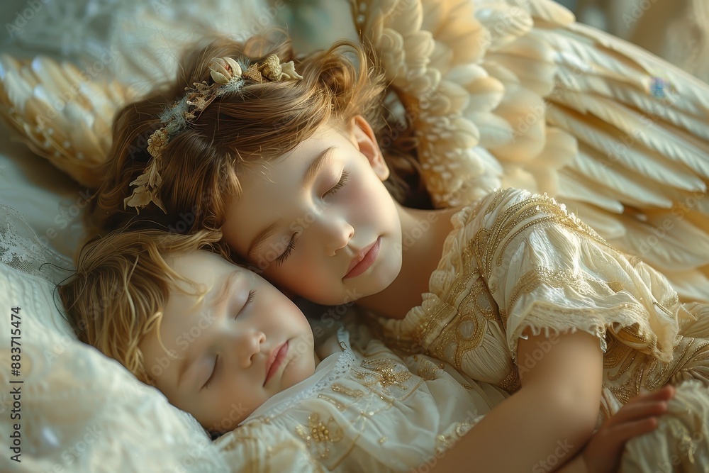 Guardian angel watching over a sleeping child. Guardian angel watching over a sleeping child.