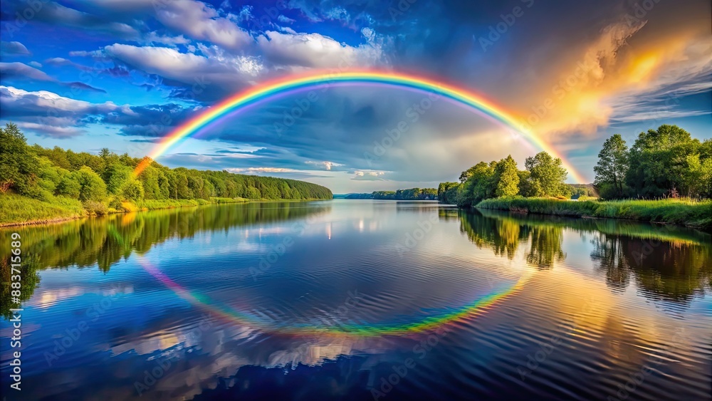 Rainbow arching over a serene river with colorful reflections, nature, water, vibrant, colorful, rainbow, reflection Rainbow arching over a serene river with colorful reflections, nature, water, vibrant, colorful, rainbow, reflection