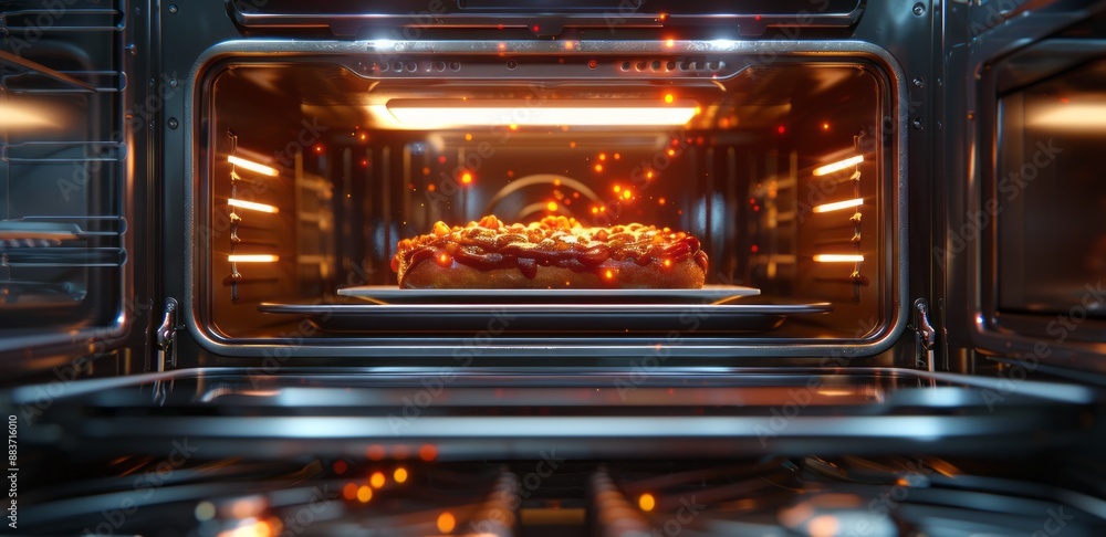 Homemade Pizza Baking in Modern Oven with Glowing Lights and Cozy Atmosphere Homemade Pizza Baking in Modern Oven with Glowing Lights and Cozy Atmosphere