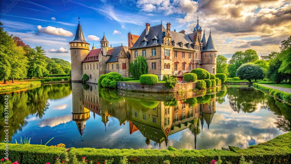 Obraz premium Majestic castle surrounded by lush greenery and a moat, medieval, fortress, royal, architecture, historic, kingdom