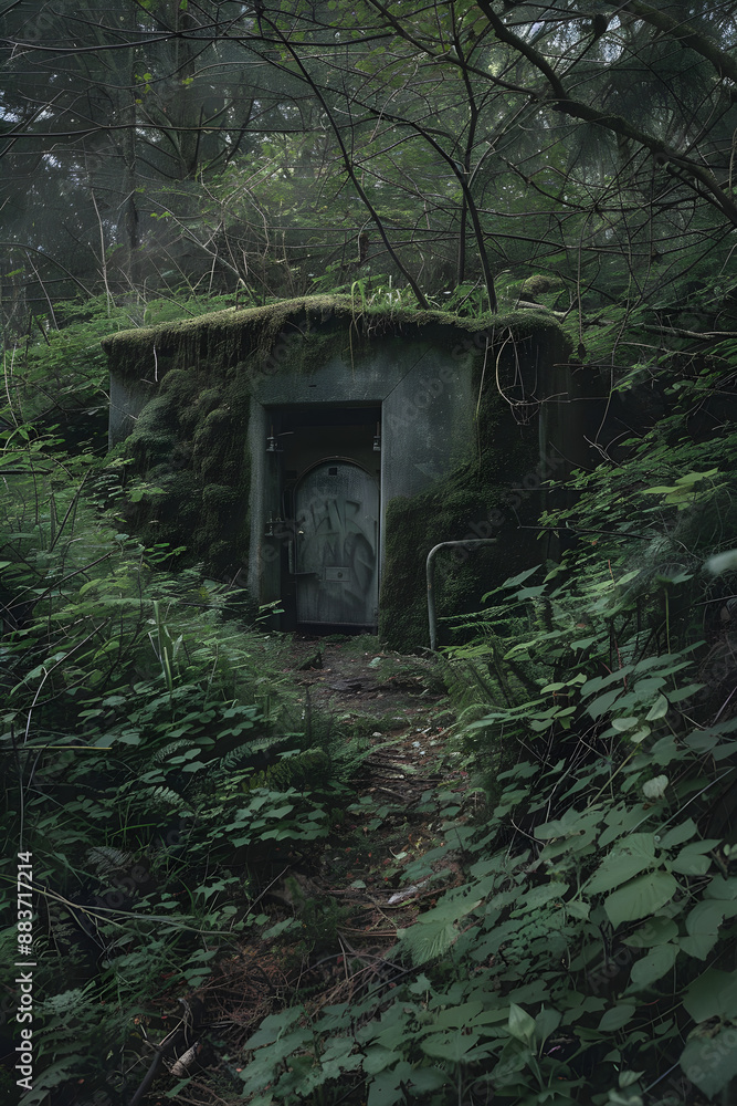 Fortified Underground Bunker Concealed in Dense Vegetation with Equipment Scattered Around Its Entrance Fortified Underground Bunker Concealed in Dense Vegetation with Equipment Scattered Around Its Entrance