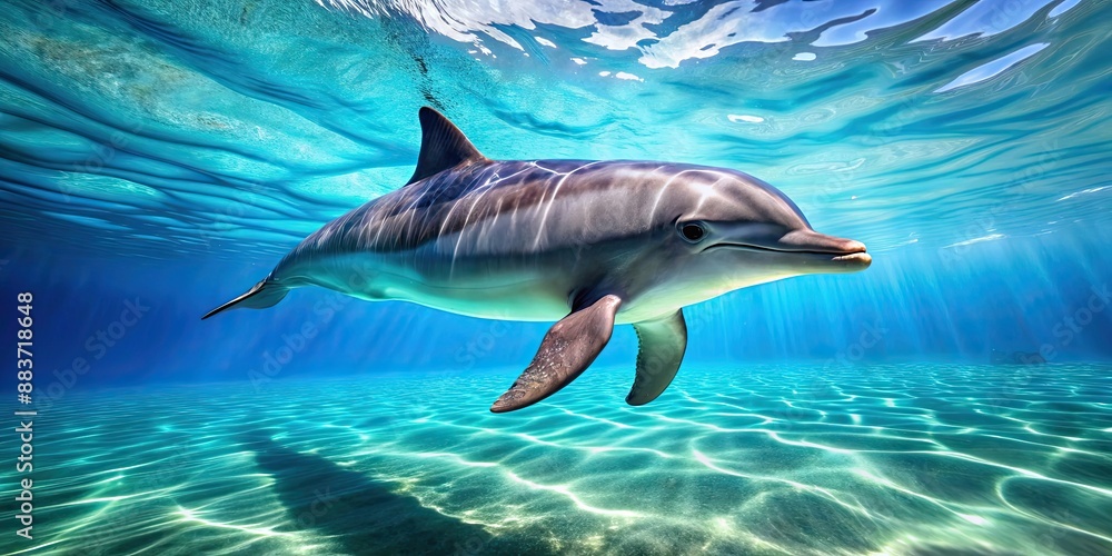 Naklejka premium Dolphin swimming gracefully in crystal clear blue water, dolphin, marine life, mammal, underwater, ocean, wildlife