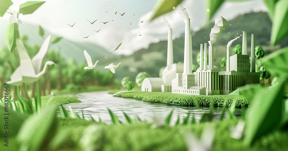 Paper factory by the river surrounded by green nature and flying birds Paper factory by the river surrounded by green nature and flying birds