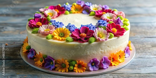 Cake decorated with colorful edible flowers , dessert, floral, celebration, birthday, wedding, garden party