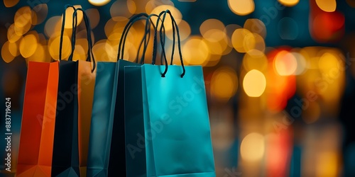 Shopping bags in the foreground with blurred lights in the background photo