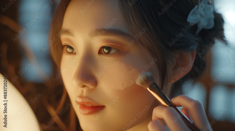 Fototapeta premium Close up of makeup artist applying light layer of matting powder while using professional brush for lady