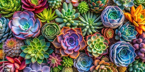 Top view of vibrant multicolored succulent plants, succulents, colorful, top view, variety, diversity, foliage