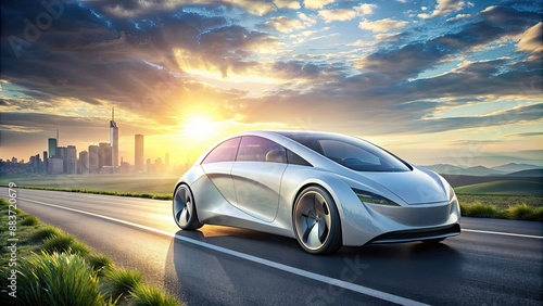 Futuristic clean energy car on the road, electric, vehicle, automobile, eco-friendly, green energy