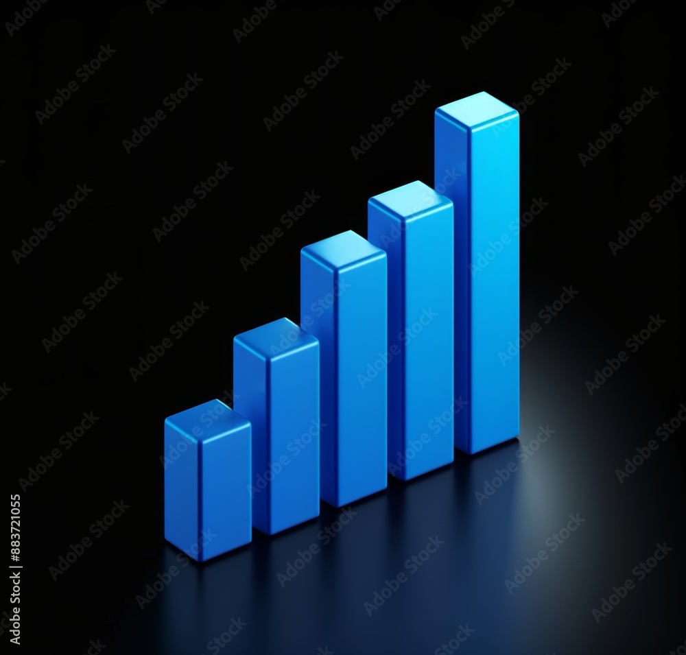 Blue growth chart on black background, 3D icon illustration. Business, finance, and stock market concept design. Blue growth chart on black background, 3D icon illustration. Business, finance, and stock market concept design.