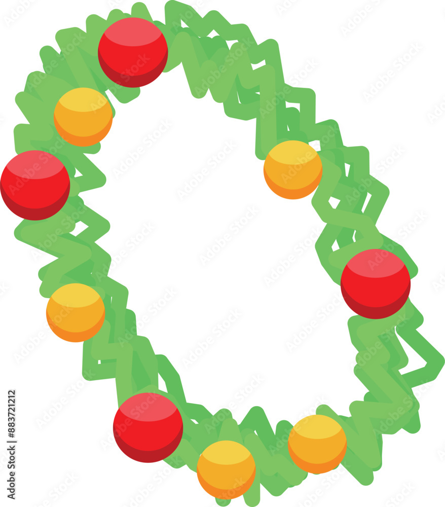 Green christmas wreath decorated with red and yellow baubles hanging on white background Green christmas wreath decorated with red and yellow baubles hanging on white background