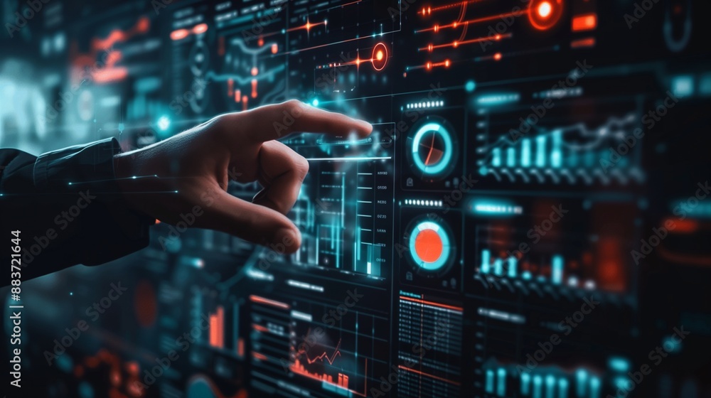 young business man pointing to data analytics of AI technology in dark background young business man pointing to data analytics of AI technology in dark background