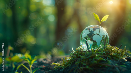 苔の上にある地球と新芽