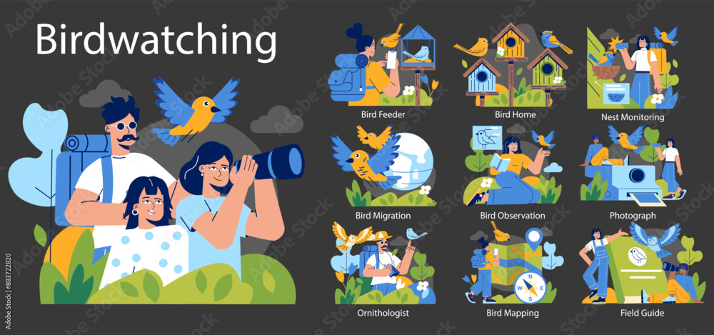 Birdwatching. Flat Vector Illustration Birdwatching. Flat Vector Illustration