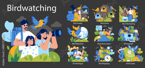 Birdwatching. Flat Vector Illustration