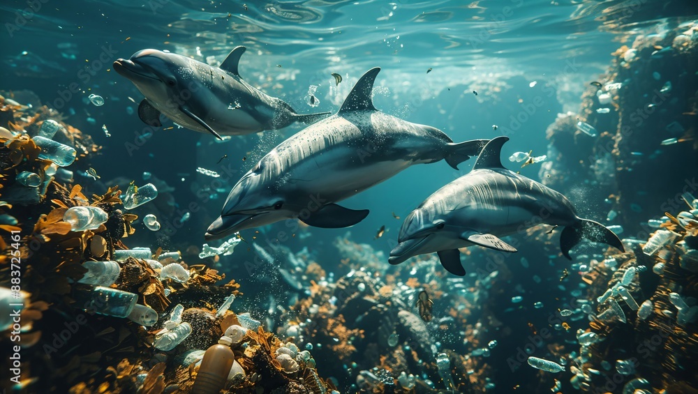Dolphins Gracefully Navigating Through Plastic Pollution Deep Underwater Dolphins Gracefully Navigating Through Plastic Pollution Deep Underwater