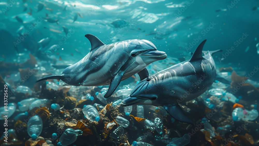 Naklejka premium Dolphins Gracefully Swimming Amidst Ocean Pollution