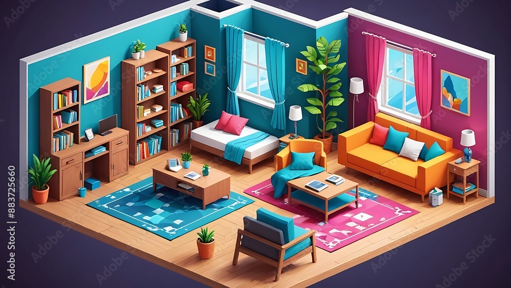 Isometric view of a cozy living room with furniture, plants and decor. Isometric view of a cozy living room with furniture, plants and decor.