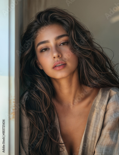 A young female fashion model illuminated by window light. Long brown hair. V-neck dress or top. Beautiful tanned complexion. Skin care and cosmetics. Cover model. © Daniel L