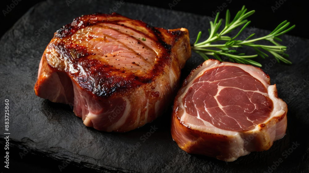Sliced pork tenderloin with rosemary on black background Sliced pork tenderloin with rosemary on black background