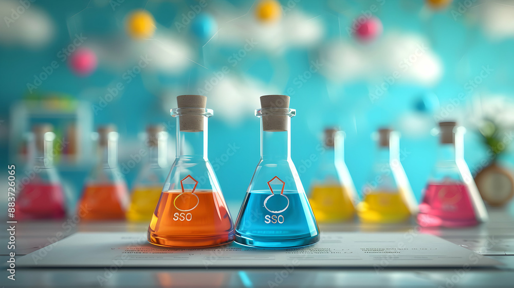 Lab Beakers with Certificate and ISO Seal on Whimsical Background for Quality and ISO17025 Certification. Lab Beakers with Certificate and ISO Seal on Whimsical Background for Quality and ISO17025 Certification.