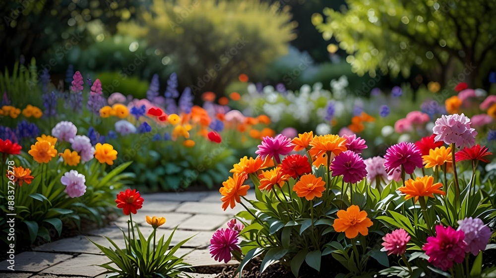 Fototapeta premium The vibrant flower blossoms in nature tranquil garden