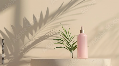 Minimal cosmetic product display podium with eucalyptus leaves